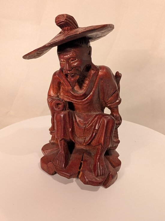 CHINESE SCULPTURE Other - Vintage Chinese Hand-Carved Wood Seated Elderly Man Figure with Removable Hat